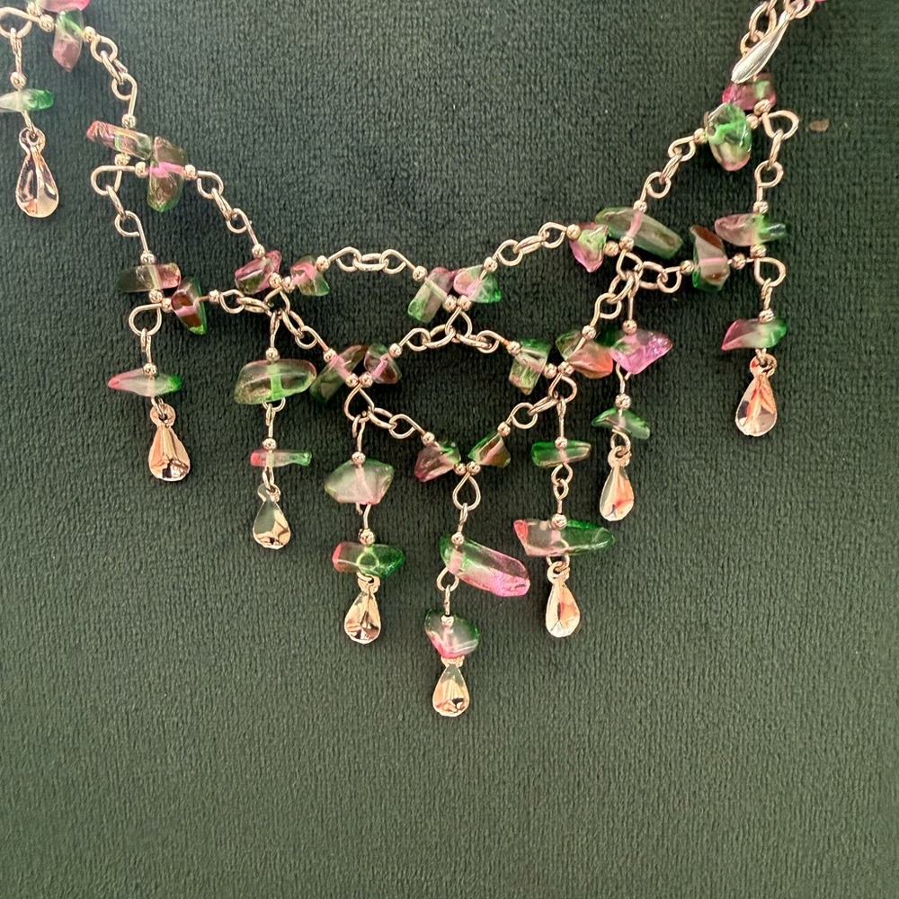 Delicate Pink & Green Bead Fringe Necklace